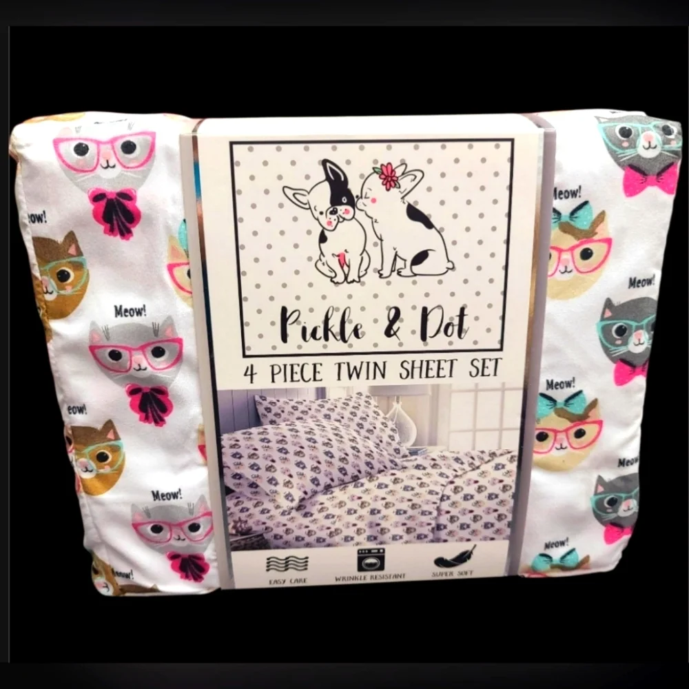 4pc Set Cats With Eye Glasses Coquette Bow Twin Bed Sheet Set Decor NEW
